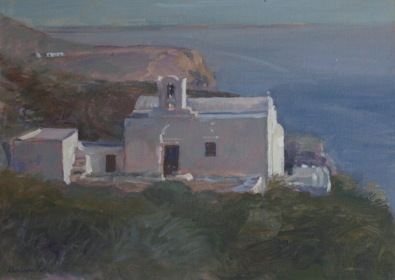Church Overlooking the Sea with Pink Light (10 x 12 ) SOLD