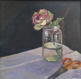 Rose in jam jar with scissors (12 x 12) £295