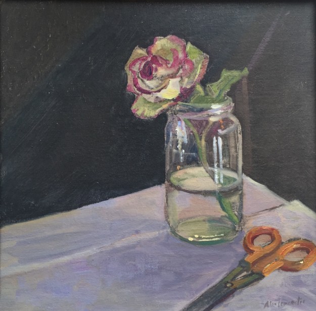 Rose in jam jar with scissors (12 x 12) £295