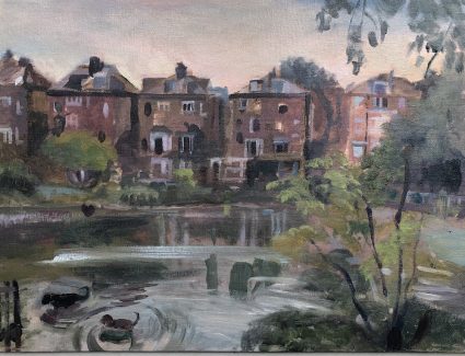 Dogs Playing in Hampstead Pond 12 x 16 (sold)