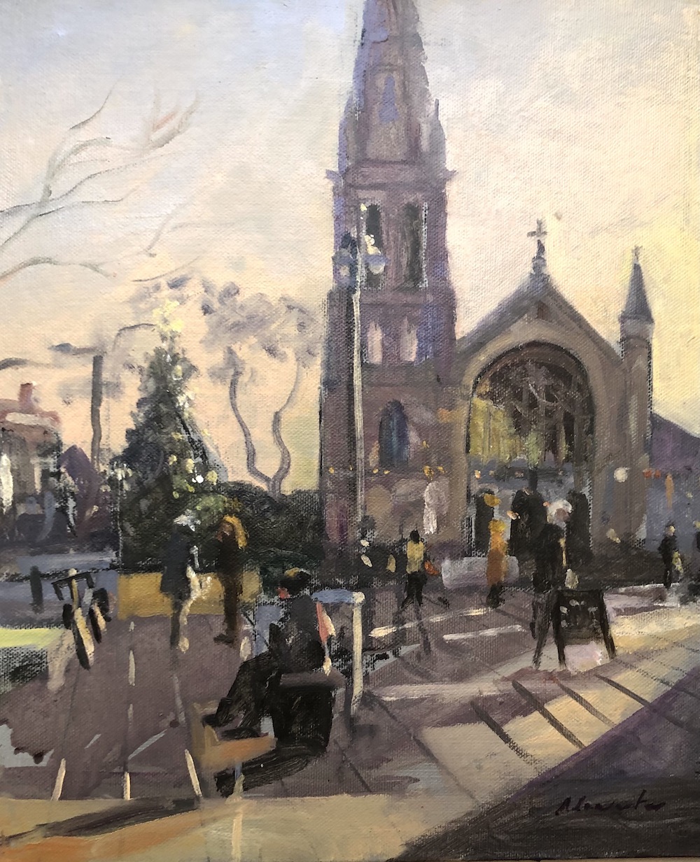 St James's Muswell Hill with Xmas Tree 10" x 12" (sold)