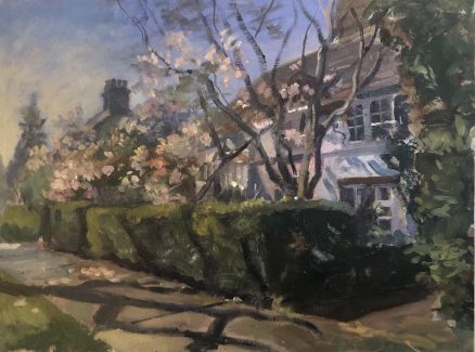 White Cottage with Blossom. Hampstead Garden Suburb 12" x 16" Available